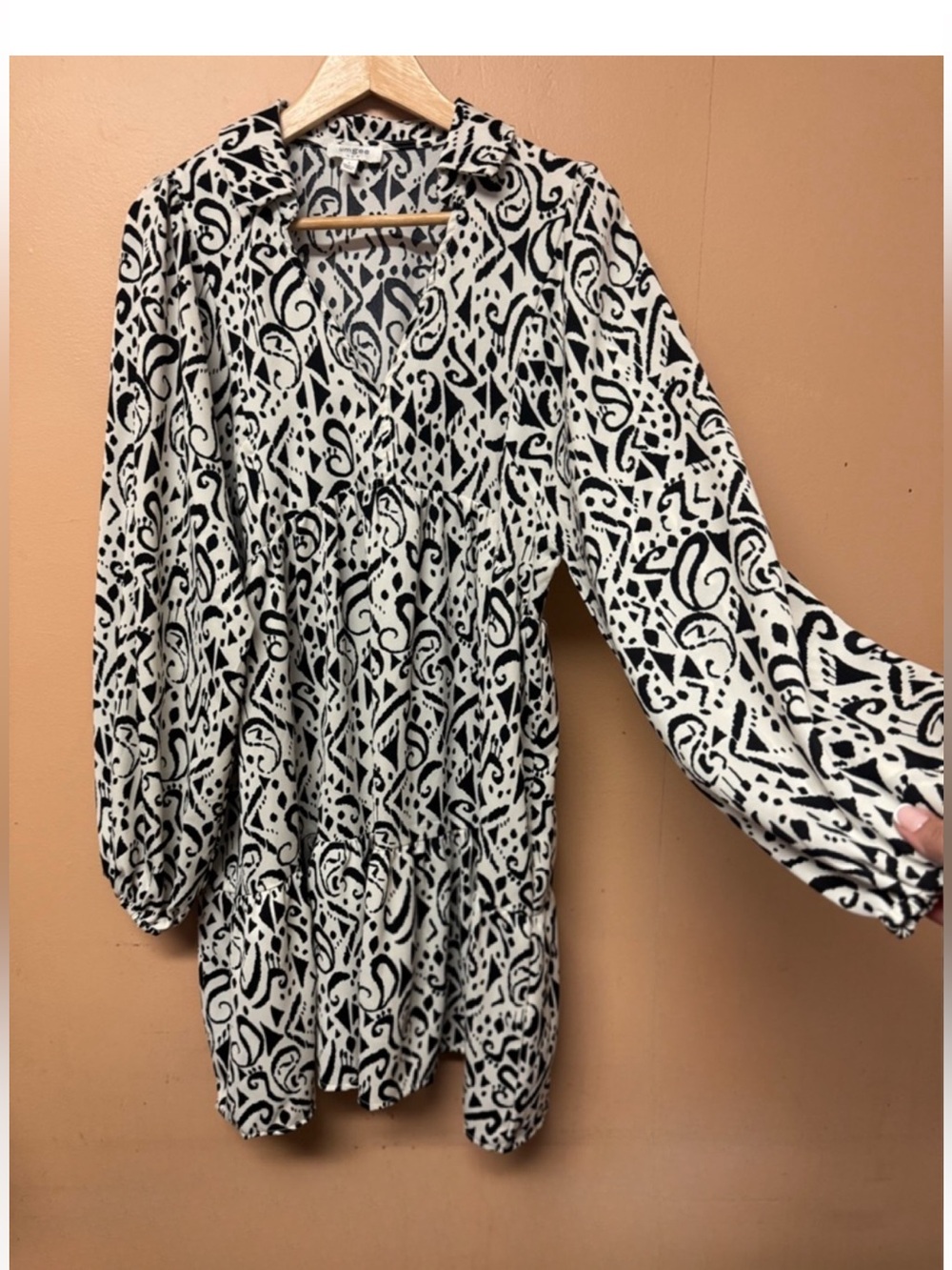 UMGEE L Black White Paisley Boho Dress Tiered Mini Balloon Long Sleeve - Picture 2 of 5